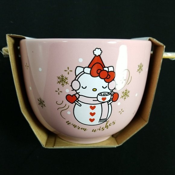 Sanrio 2023 Hello Kitty Christmas Pink Ramen Noodle Bowl Chopsticks - NEW - Picture 1 of 2